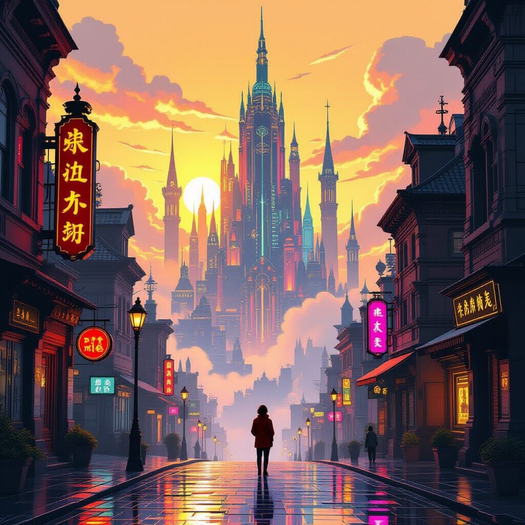 Vibrant Fantasy City at Dawn in Golden Light