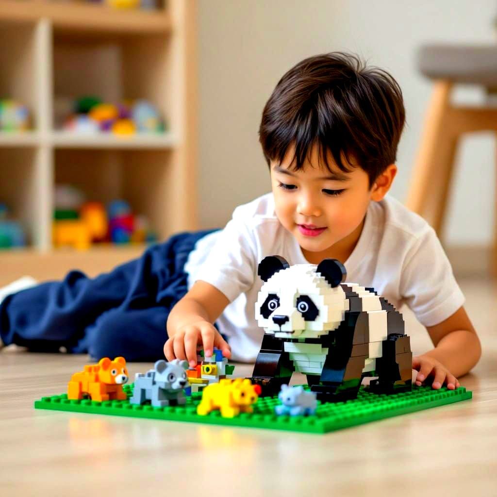 Happy Boy Engrossed in LEGO Panda Playtime