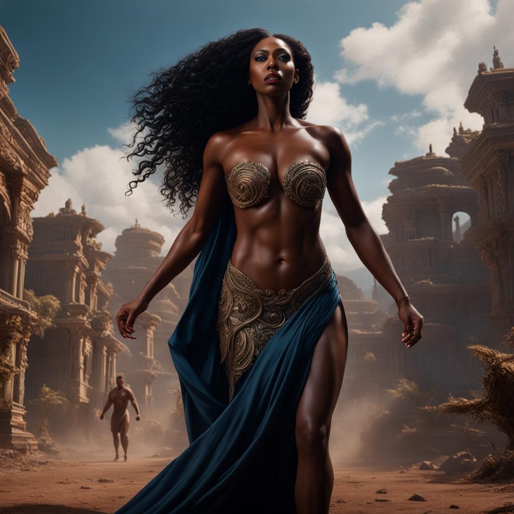 Hyperrealistic Woman Held by Muscular Man in Matte Painting