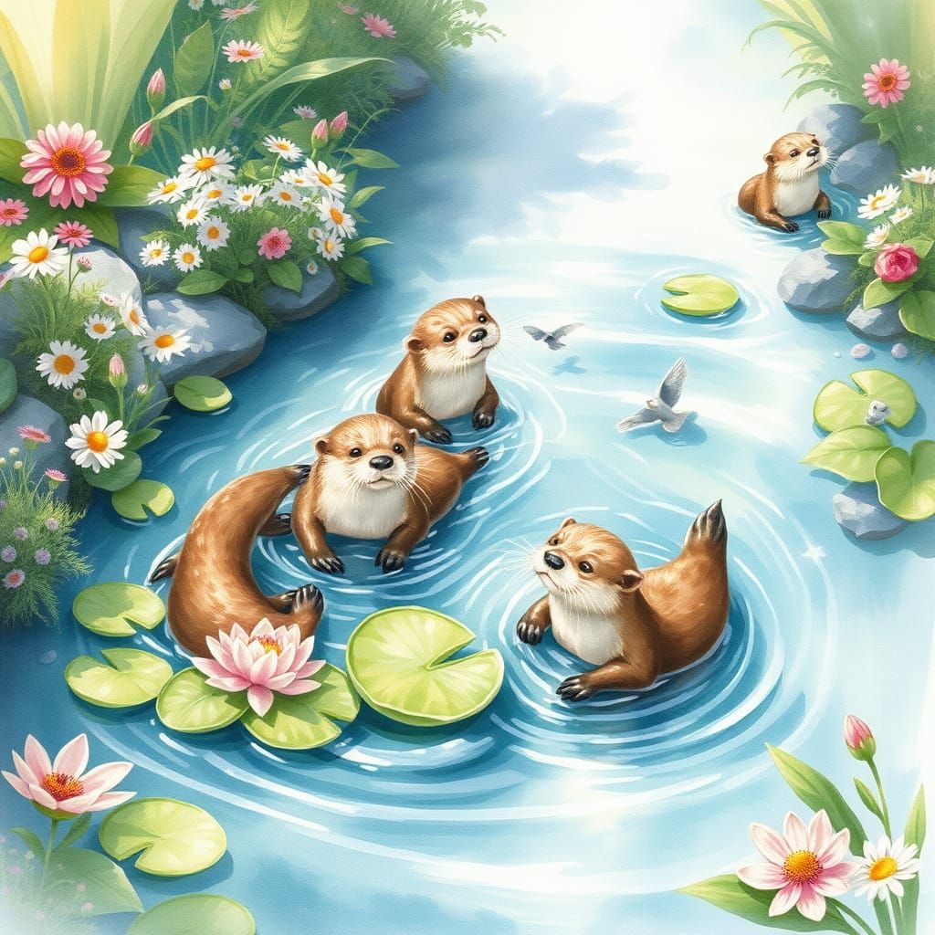 Otters' Whimsical River: a Watercolor Fantasy