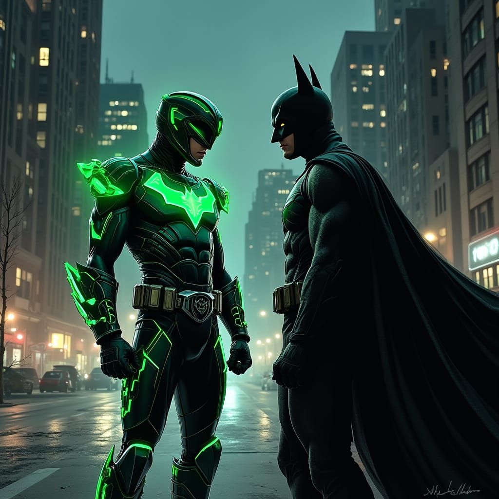 Green Psycho Ranger Meets Dark Knight in Gritty Urban Landsc...