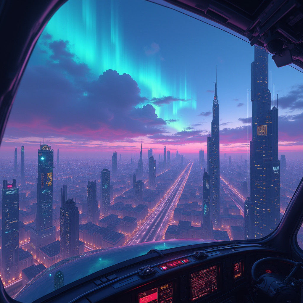 Futuristic Cityscape at Dusk in Cyberpunk Style