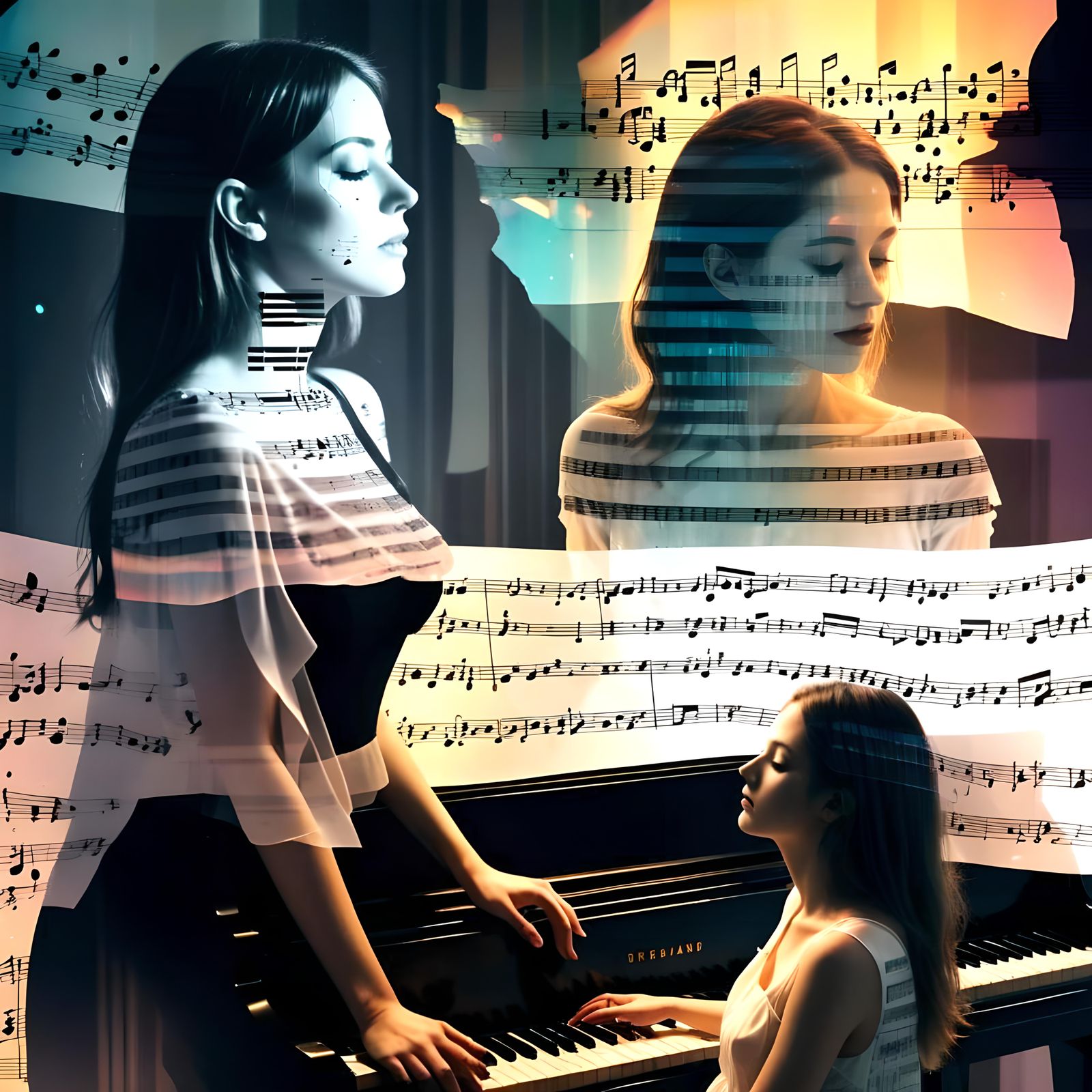 Glitchy Dreamscape: Woman in Musical Double Exposure