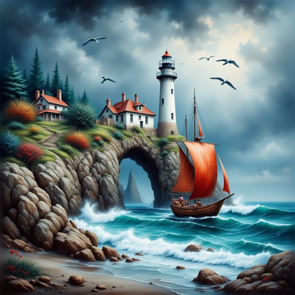 Dramatic Seascape with Lighthouse in Antique Watercolor Styl...
