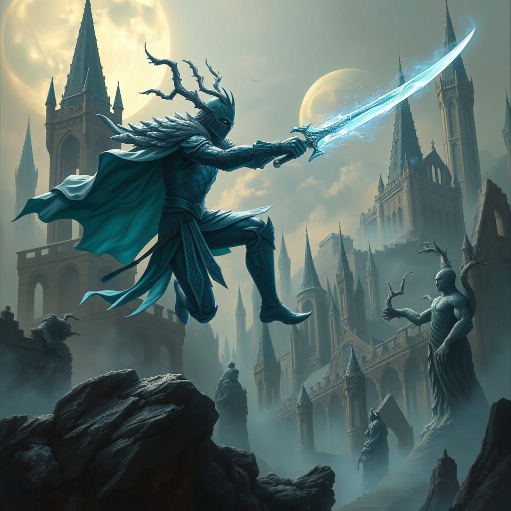 Ethereal Warrior in Moonlit Blue Armor Battles Spectral Blad...