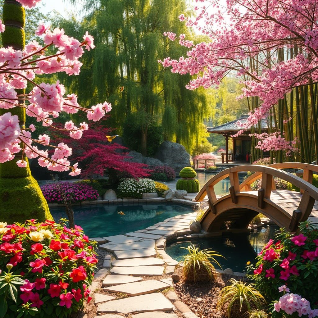 Lush Japanese Garden with Cherry Blossoms