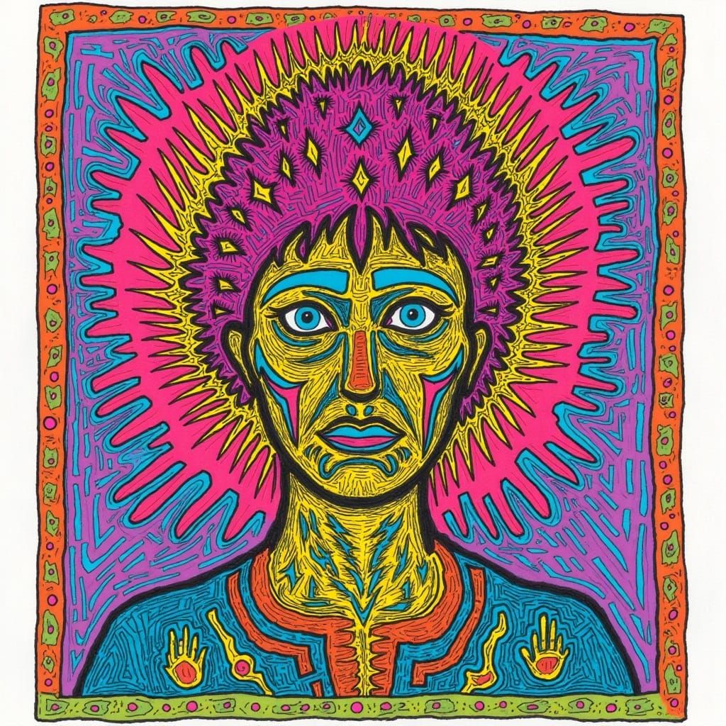 Futuristic Robot Shaman Portrait in Ligne Claire Style