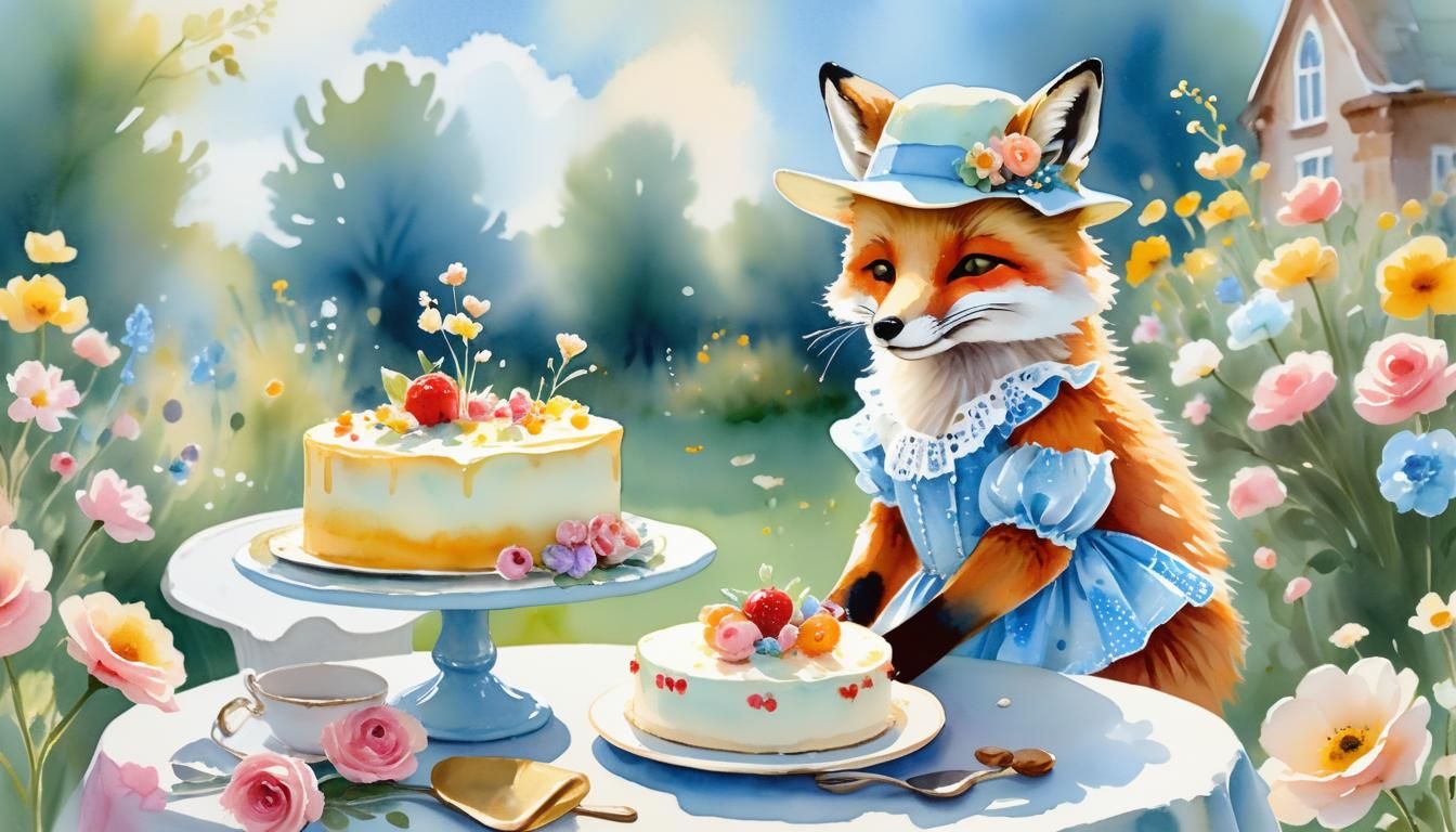 Fox at Tea Party: Whimsical Watercolour Painting