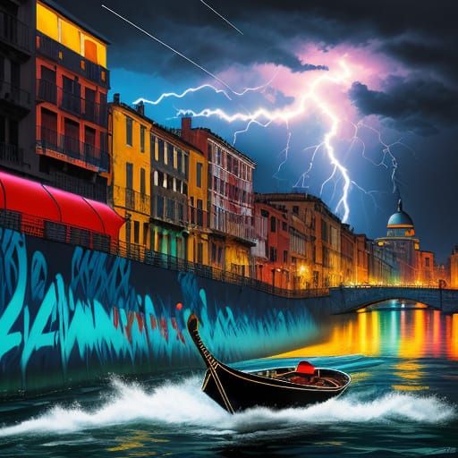 Vibrant Venetian Stormscape in Basquiat's Expressive Style
