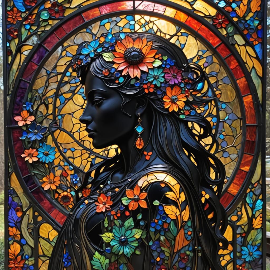 Psychedelic Silhouette with Diorite Sculpture in Stained Gla...