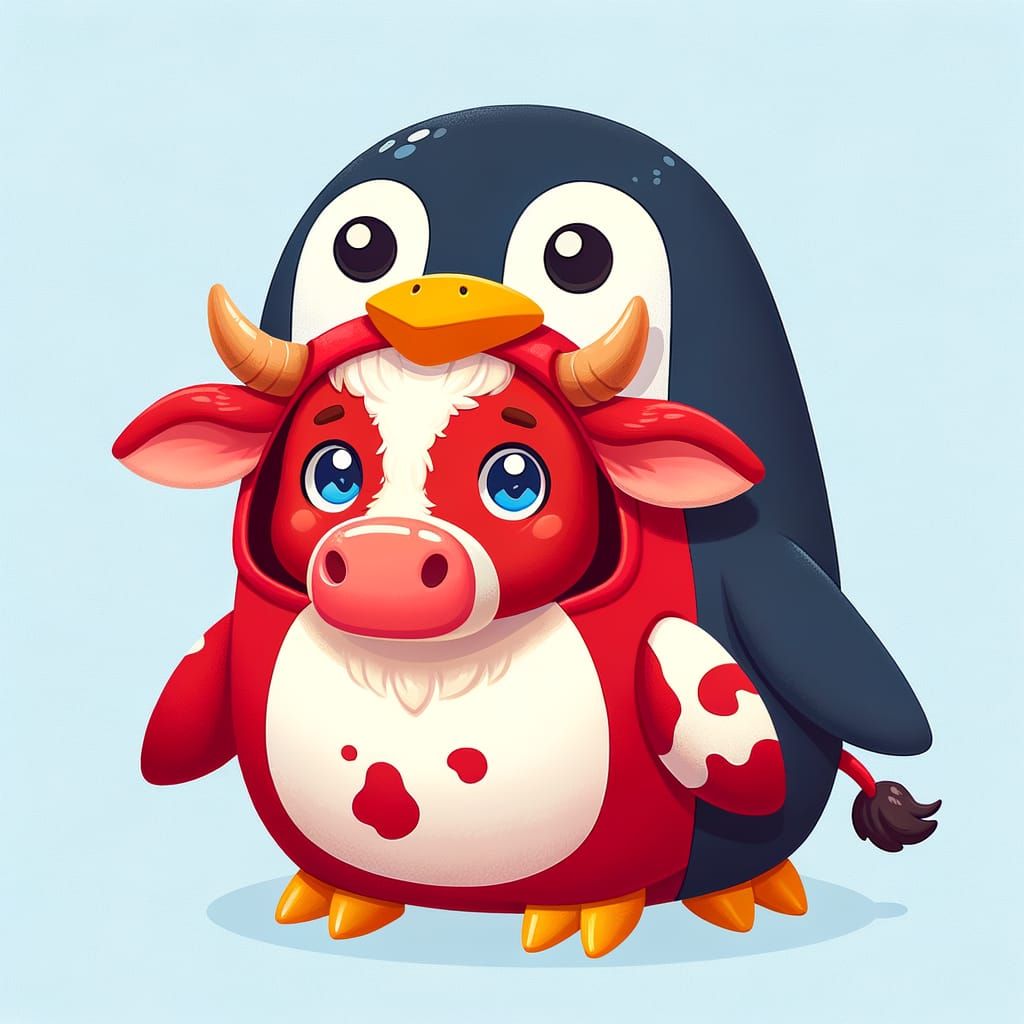 Adorable Red Steer in Penguin Costume Animation Style