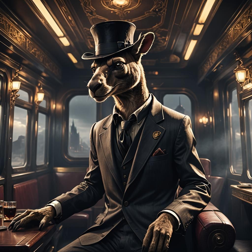 Shadowy Kangaroo Antagonist on Luxurious Train, Detailed Mat...