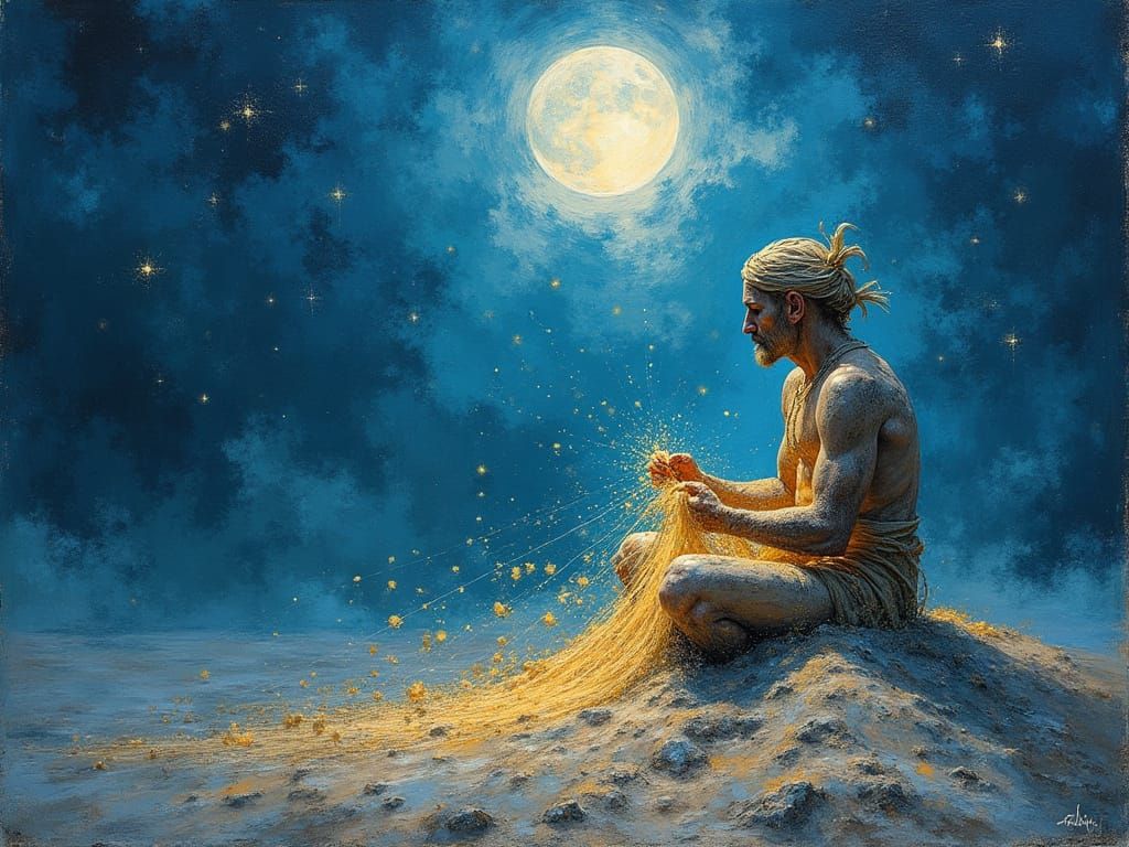 Surreal Sand Man Weaving Dreams Under Moonlight
