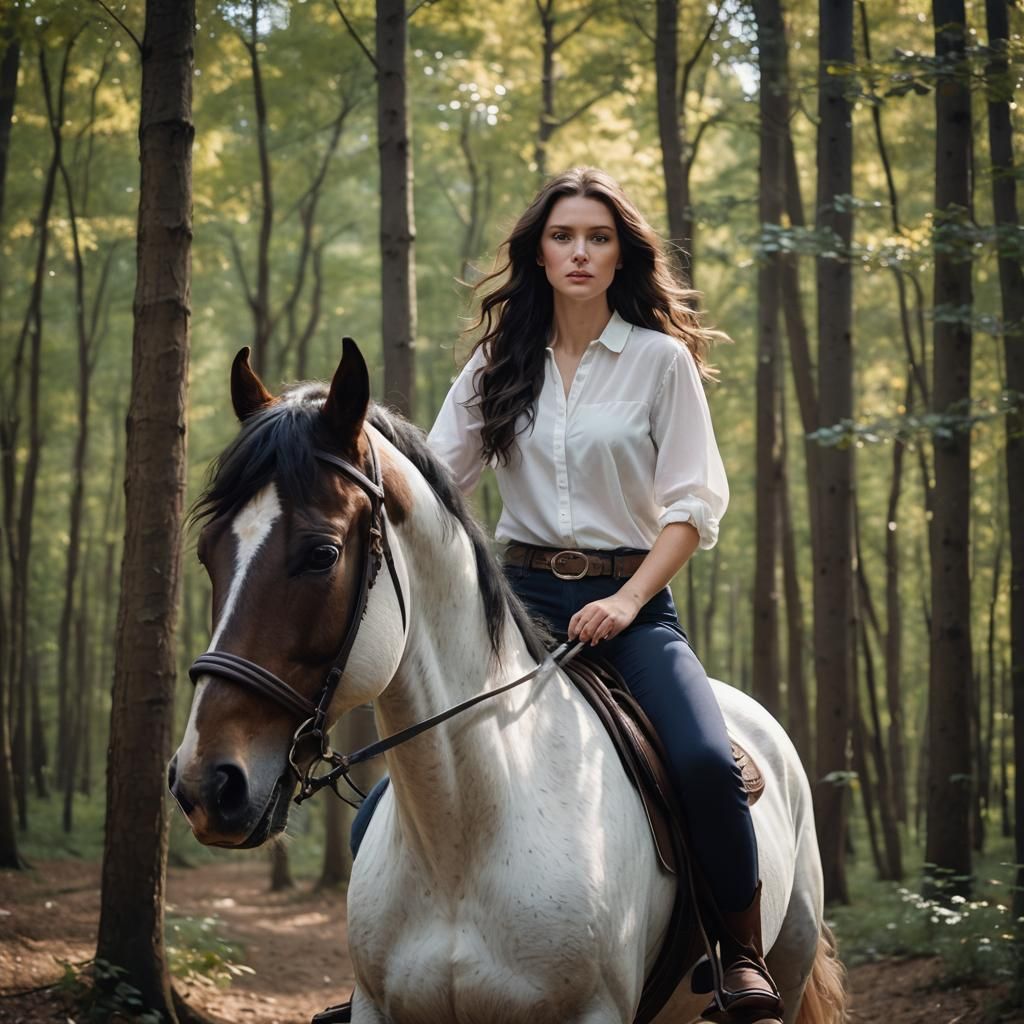 Woman on Horseback in Forest, Photorealistic Style