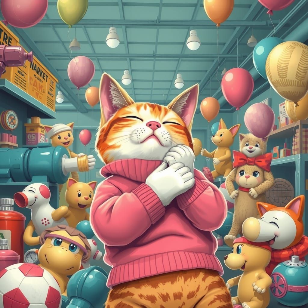 Cat Nap in a Whimsical Toy Factory