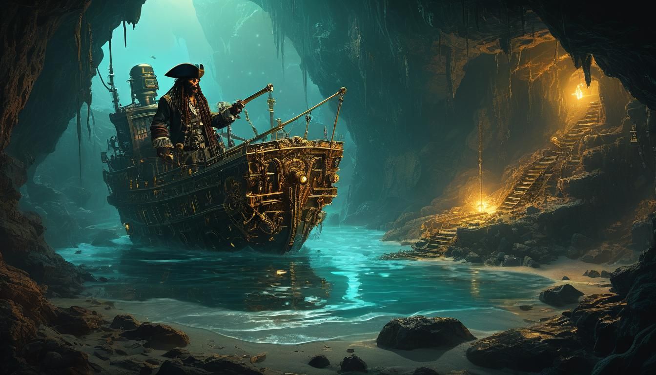 Steampunk Pirate Buries Treasure in Misty Cave