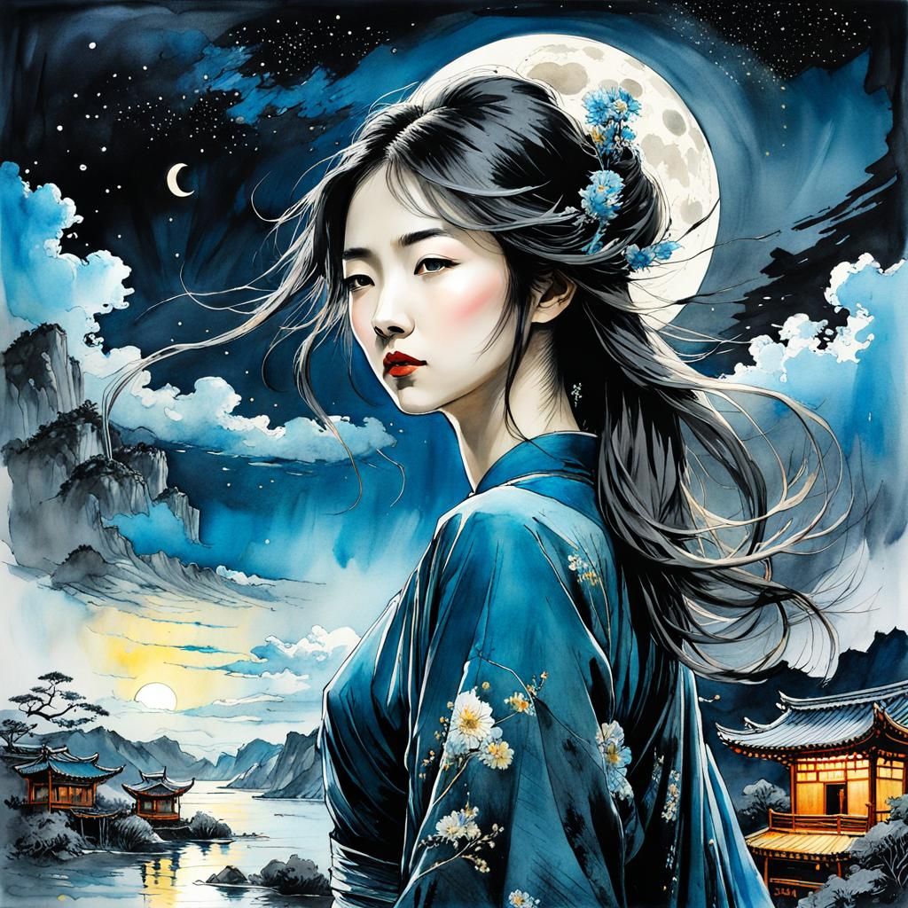 Midnight Moon in Chinese Ink Brush Style