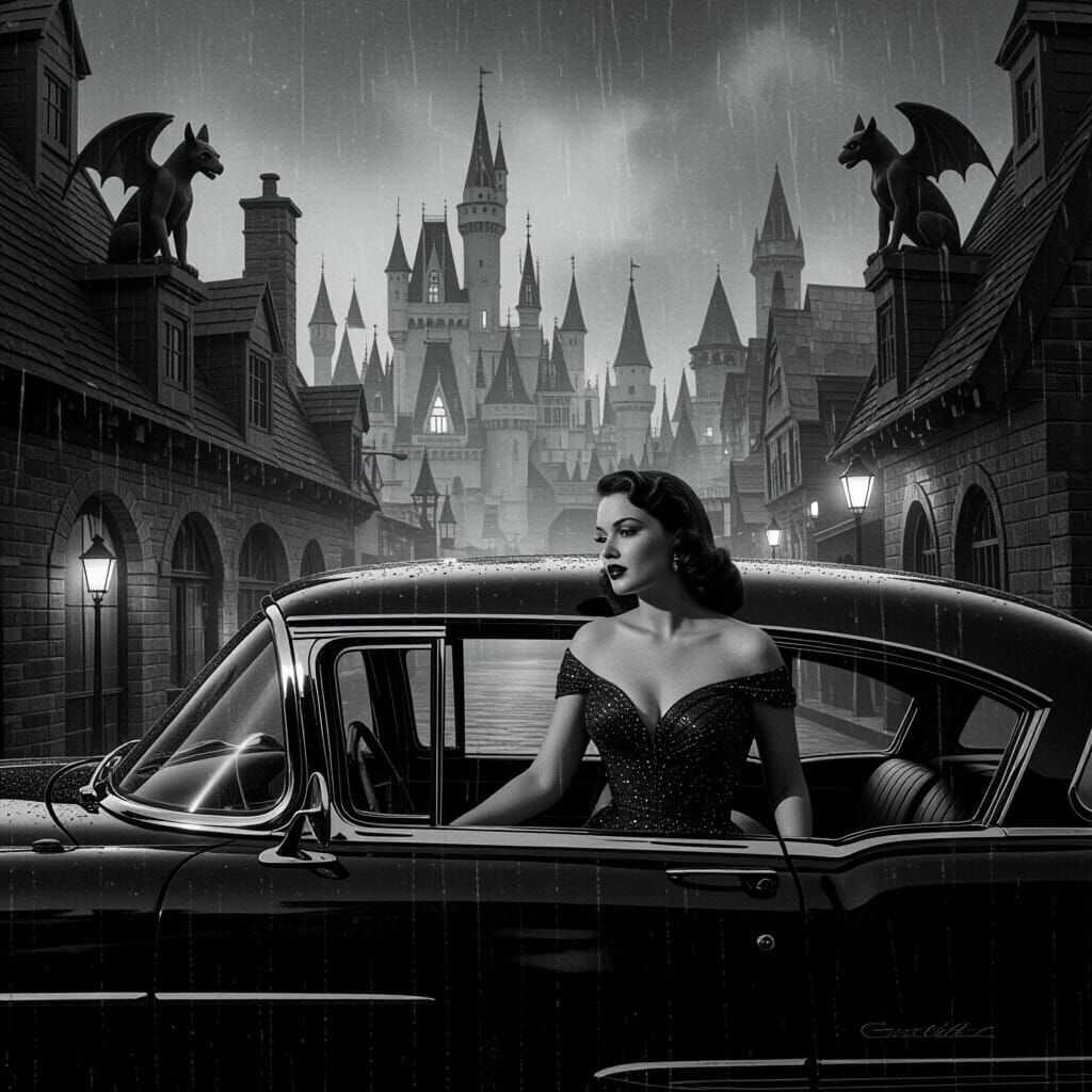 Hollywood Starlet in Classic Car, Gothic Cityscape View
