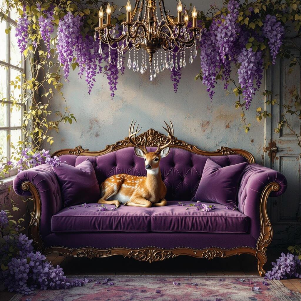 Enchanted Deer on Velvet Couch: Photorealistic Artgerm Style