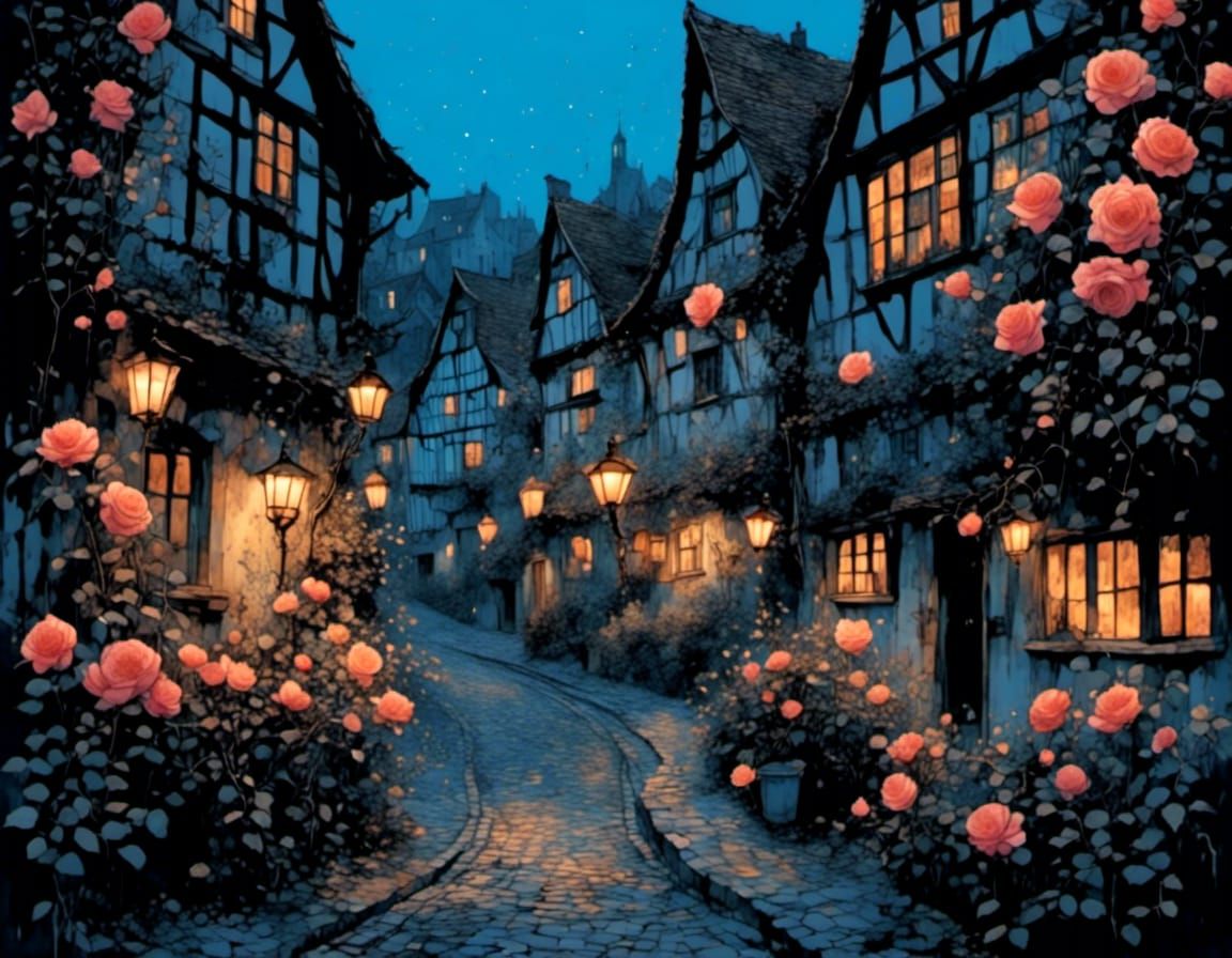 Cozy Half-Timbered Houses with Climbing Roses at Dusk