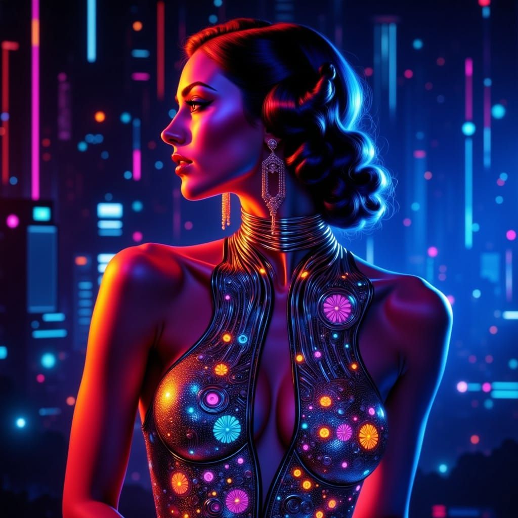 Surreal Pin-Up Goddess in Cyberpunk Glamour