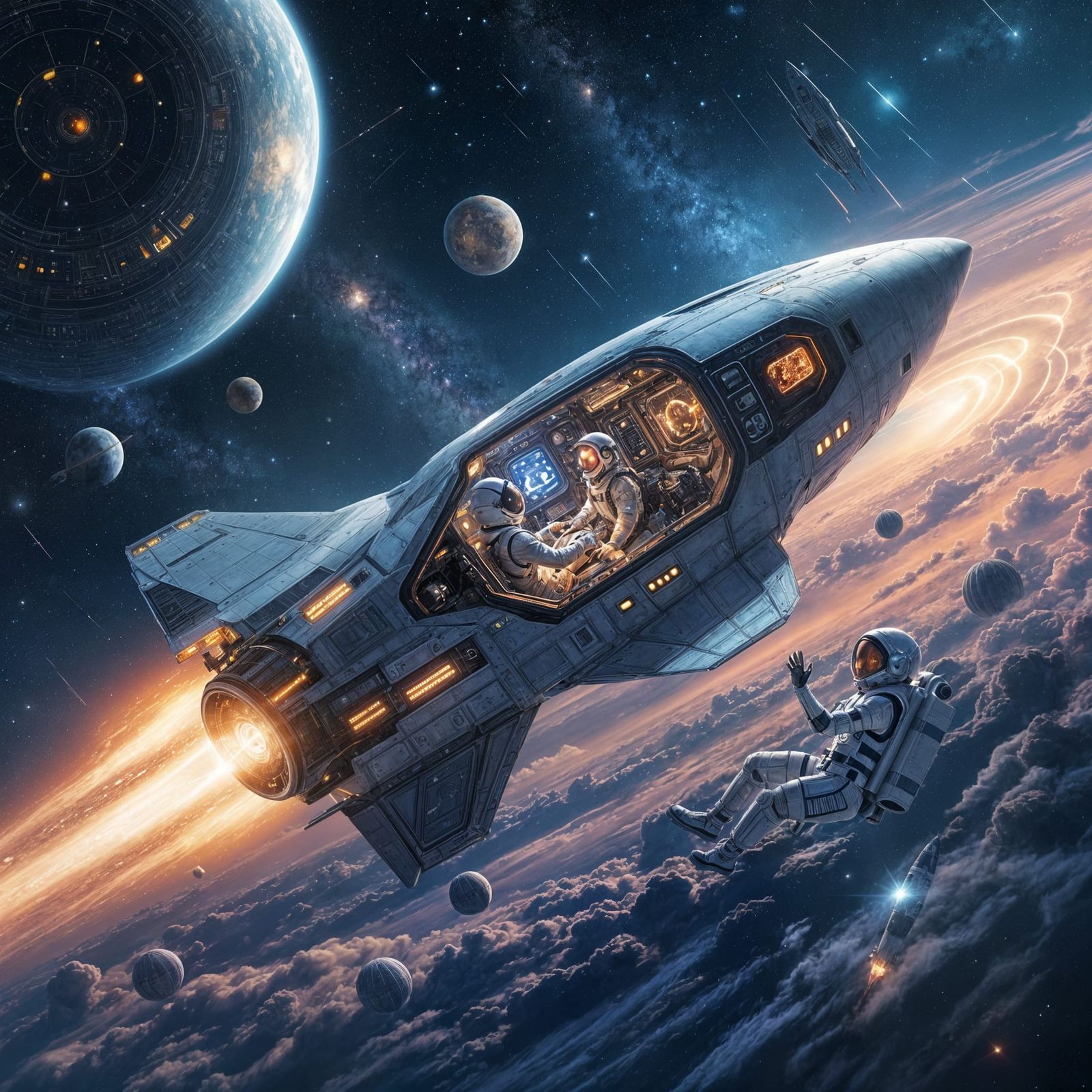 Rocket Launch into Starry Sky in Futuristic Style