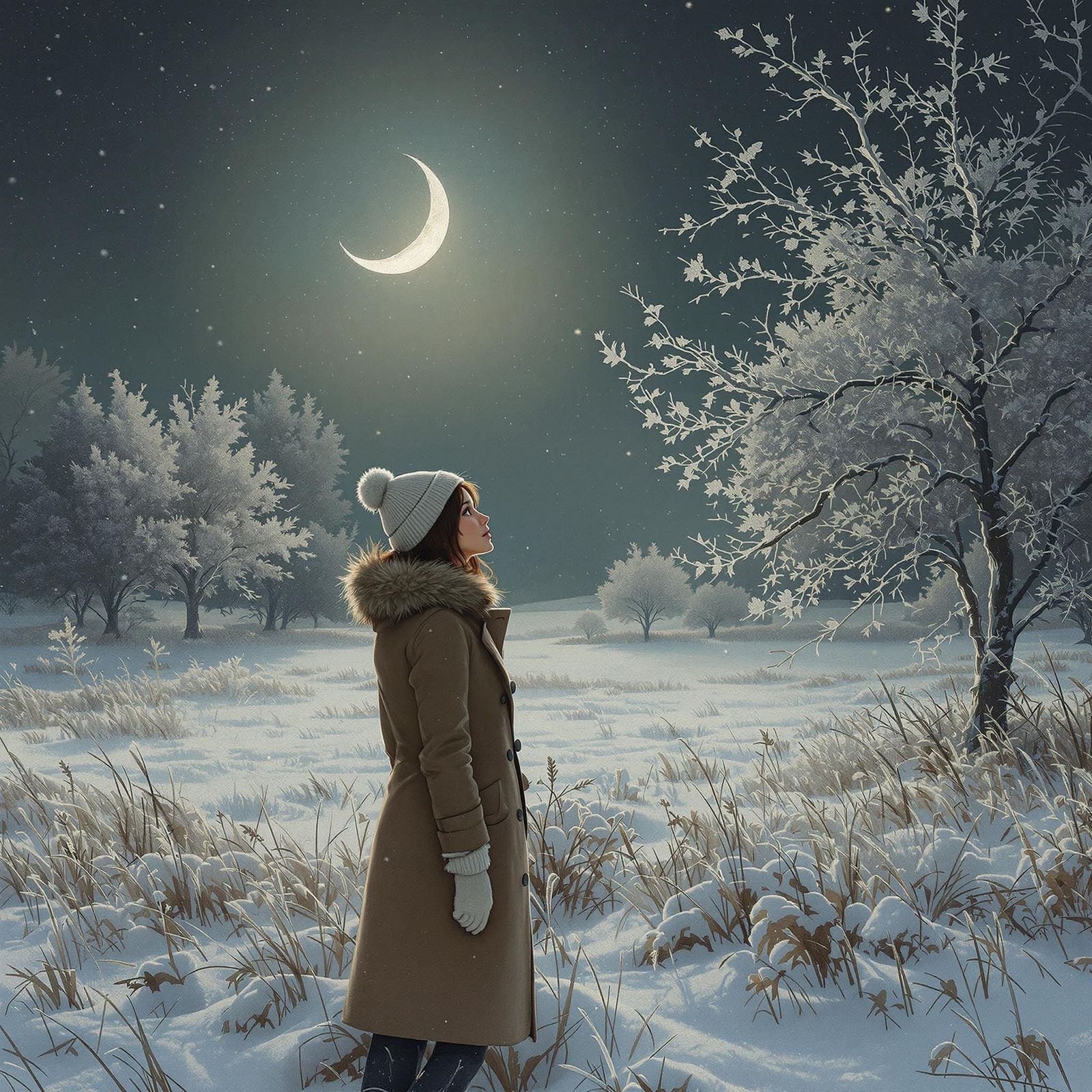 Serene Winter Landscape Under Ethereal Moonlight