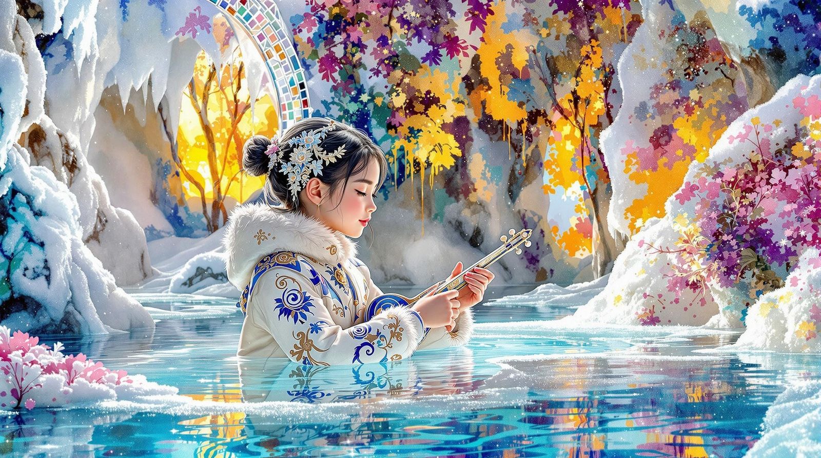 Serene Girl Plays Cloisonné Instrument in Vibrant Hot Spring...
