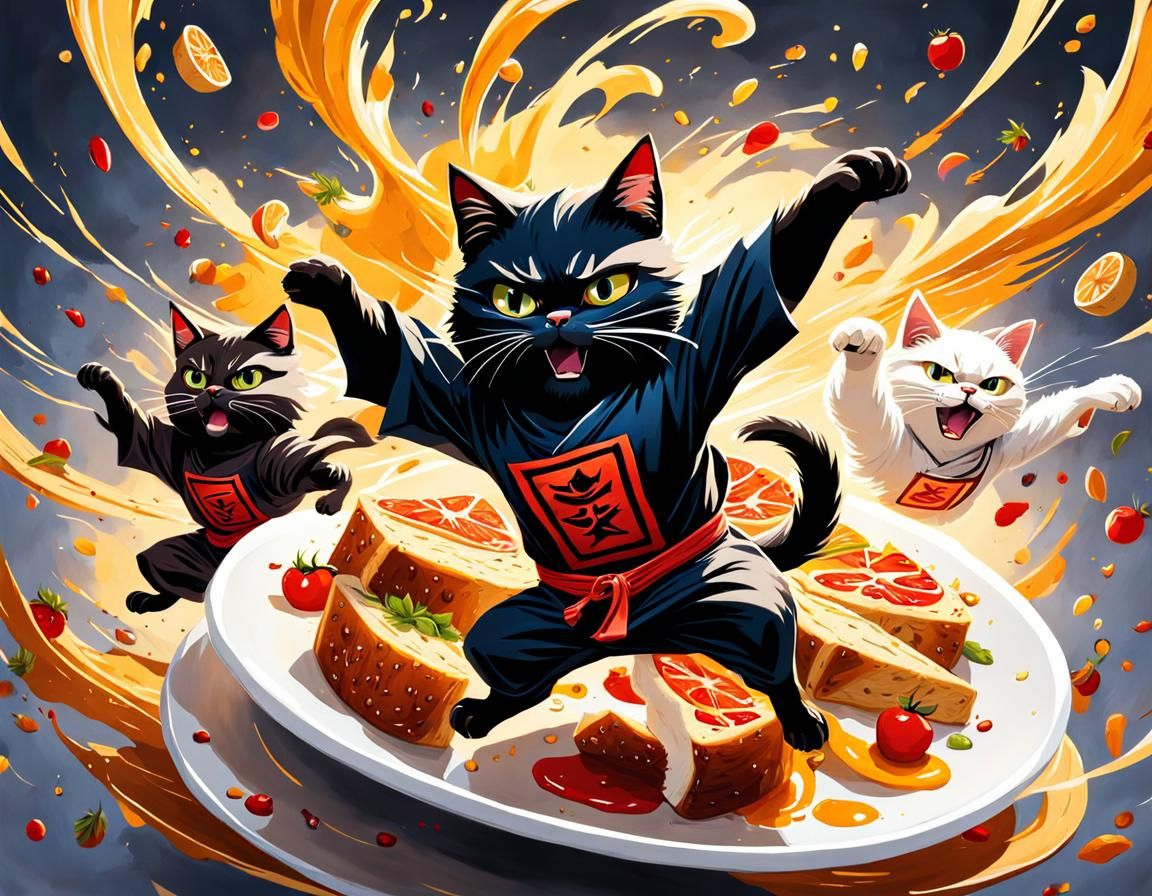 Ninja Cats Food Fight in Gouache Oil Style