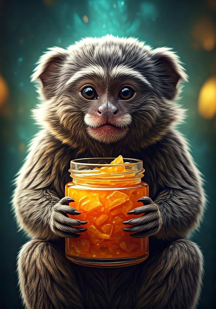 Vibrant Marmoset Savoring Citrusy Marmalade in Whimsical Fan...