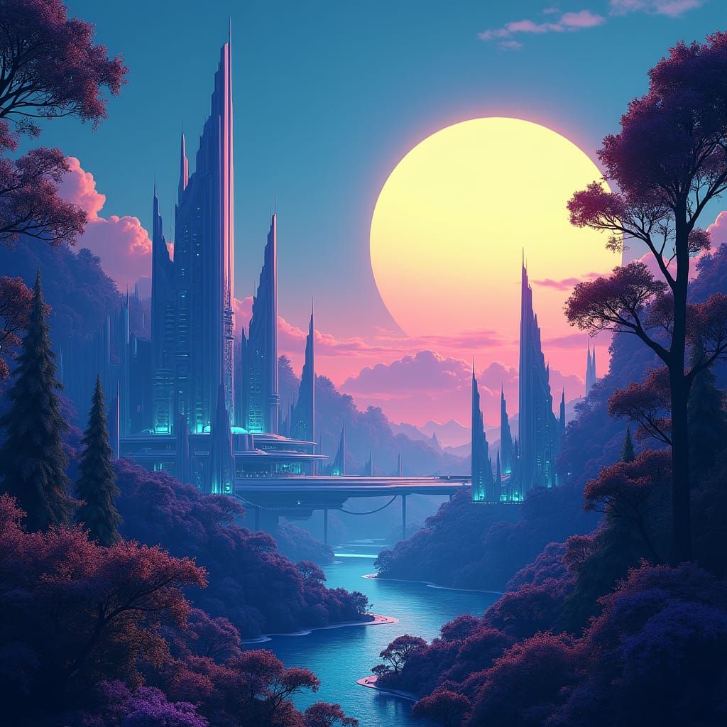 Retro-Futuristic Metropolis in Alien Rainforest Under Intens...