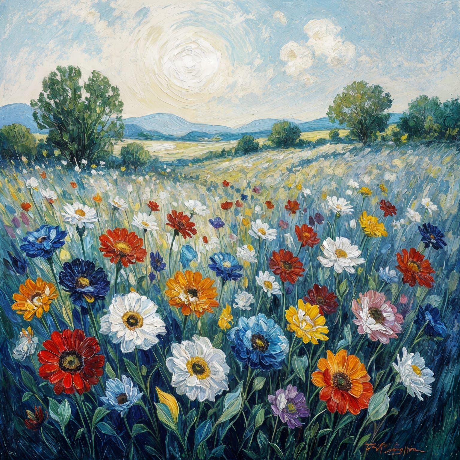 Impasto Flowers in Vibrant Colors with Misty Backdrop