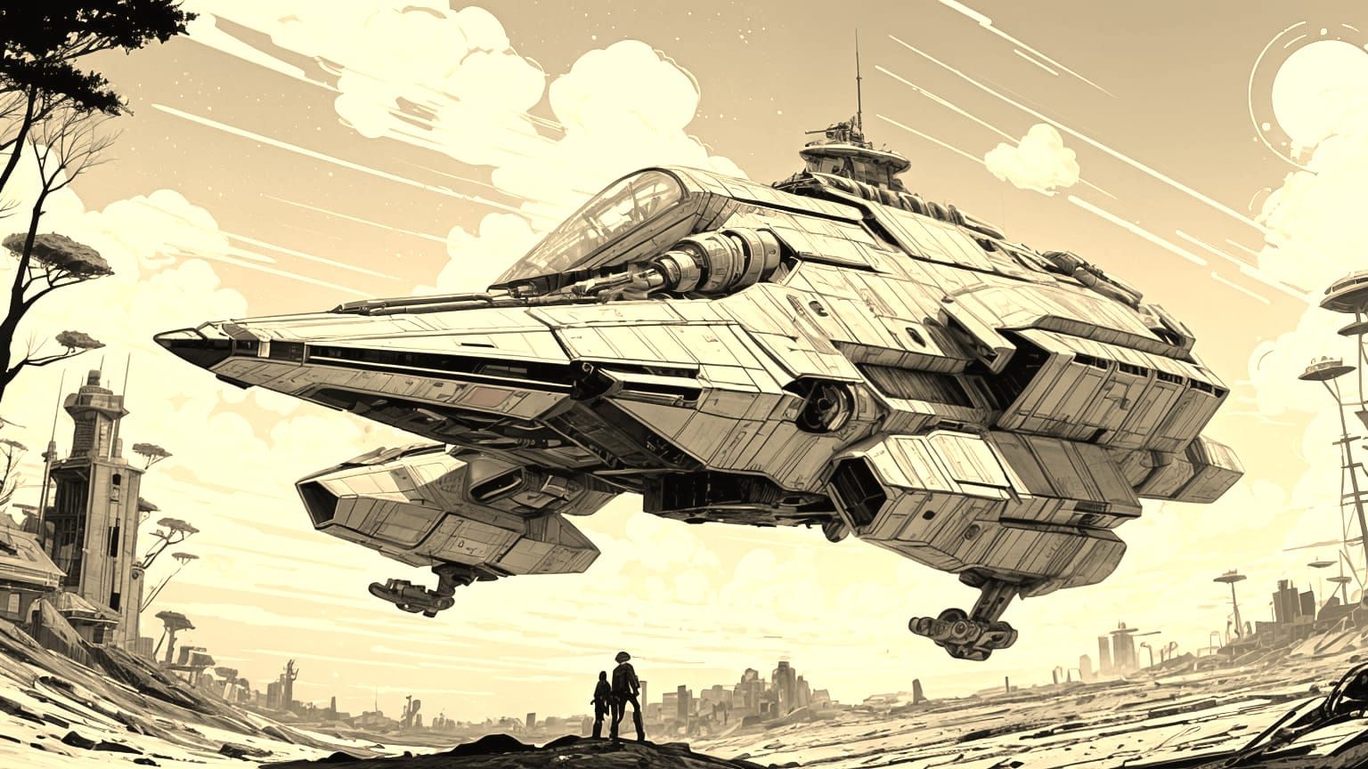 Solarpunk Space Cruiser in Minimalist Robotech Aesthetic