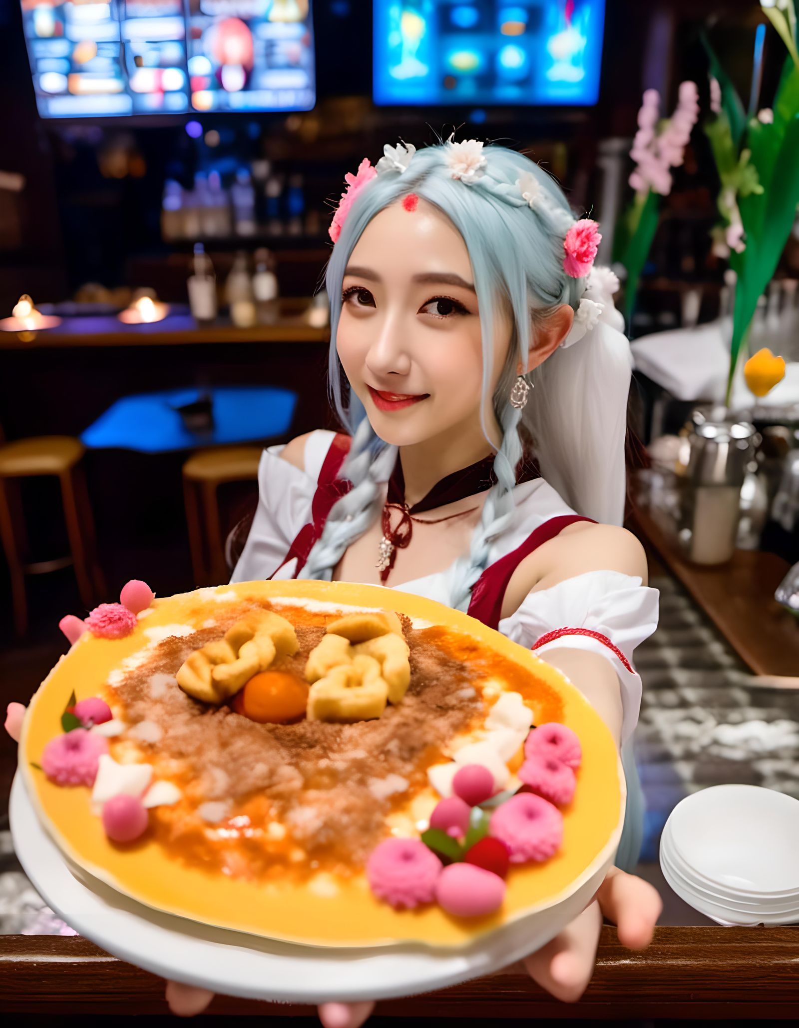 Charming Waitress at Bar in Digital Art Style