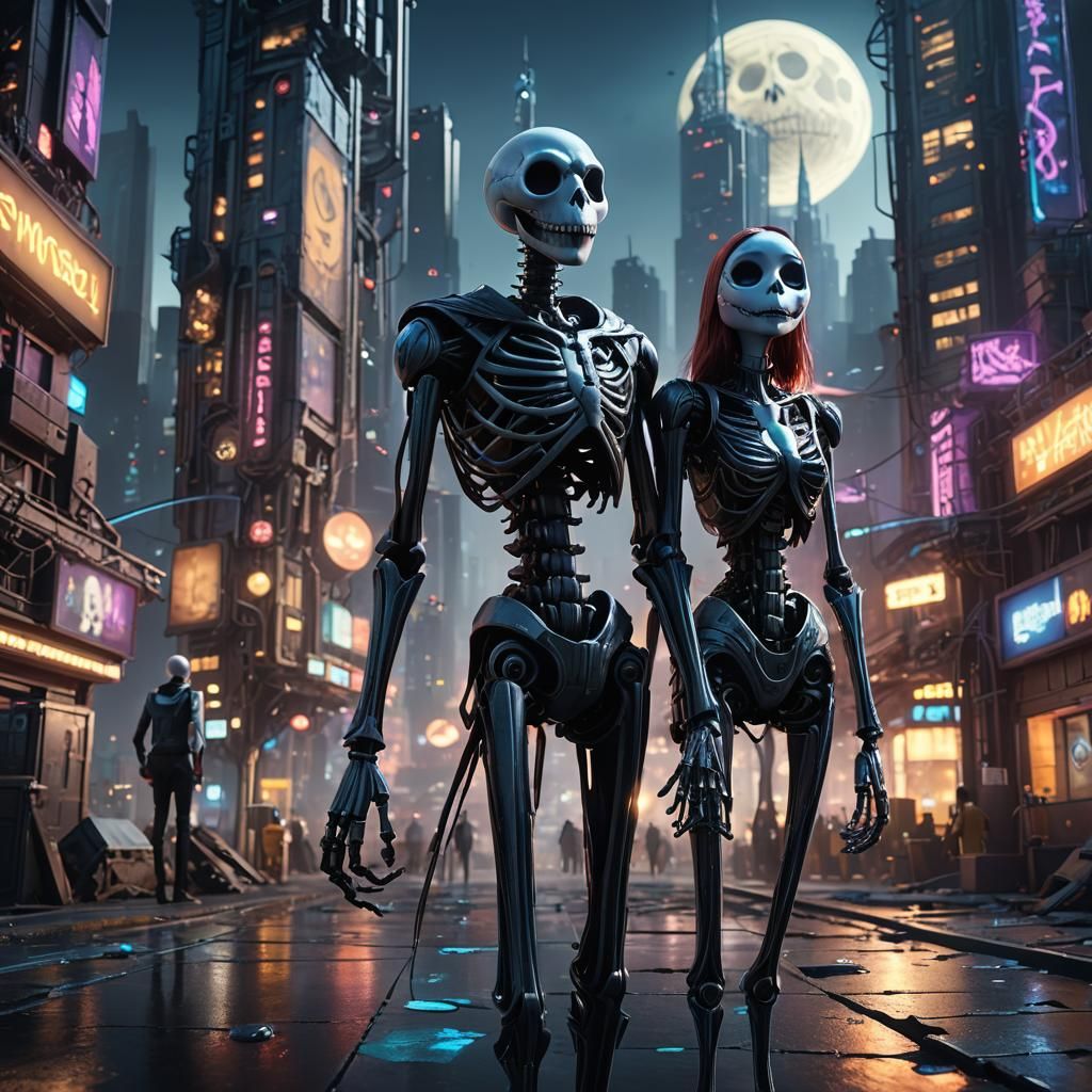 Jack and Sally in Sci-Fi Cityscape