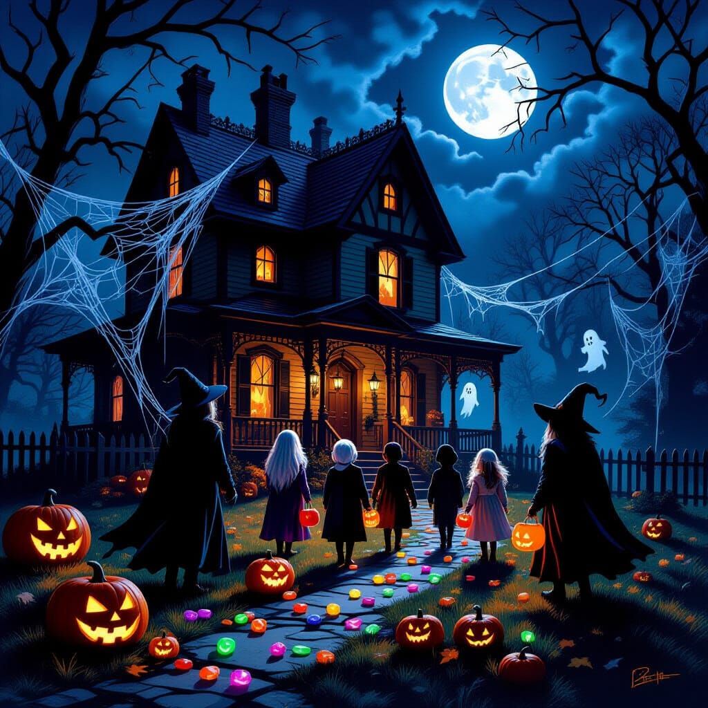 Spooky Halloween Night with Haunted House and Eerie Costumes