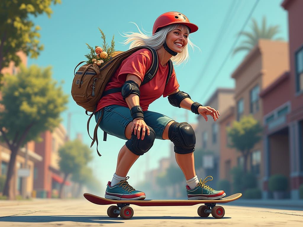 Fit Older Woman Skateboarding with Bingo Cards