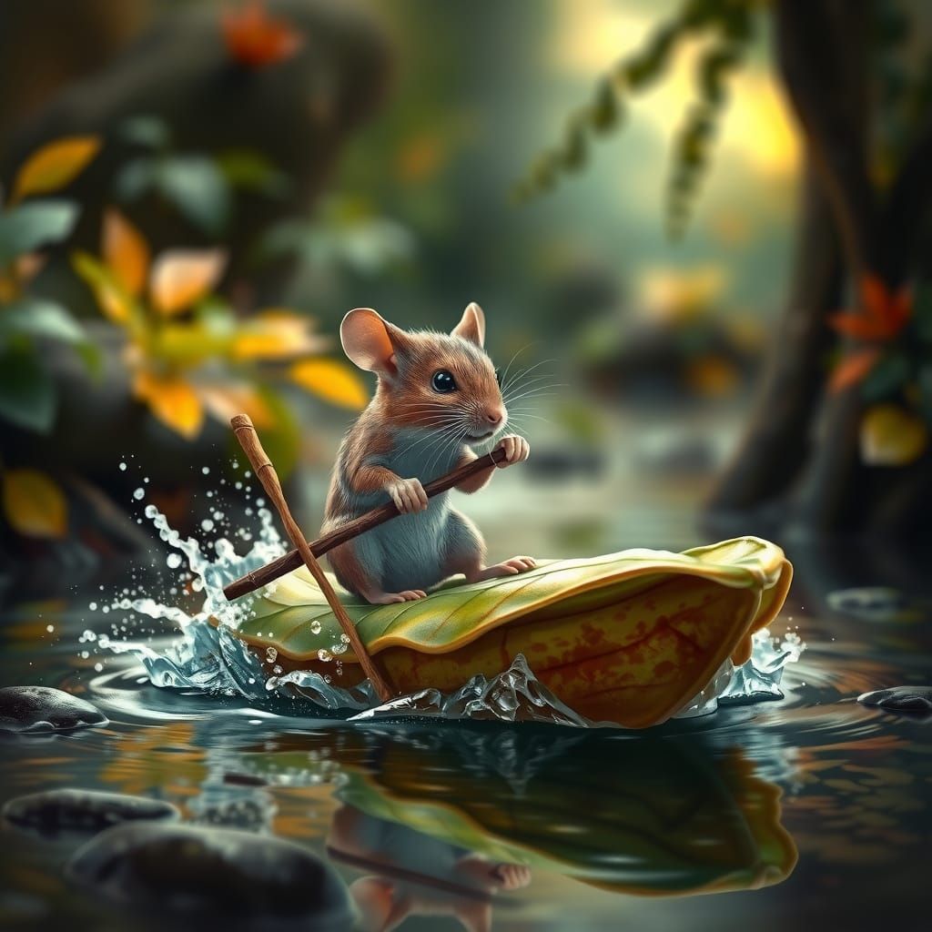 Tiny Mouse Warrior in a Leaf Boat Down a Forest Stream