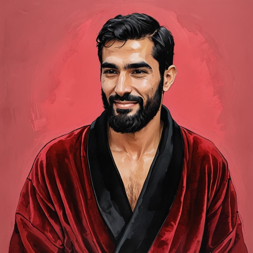 Smiling Man in Red Velvet Robe, Impasto Oil Portrait