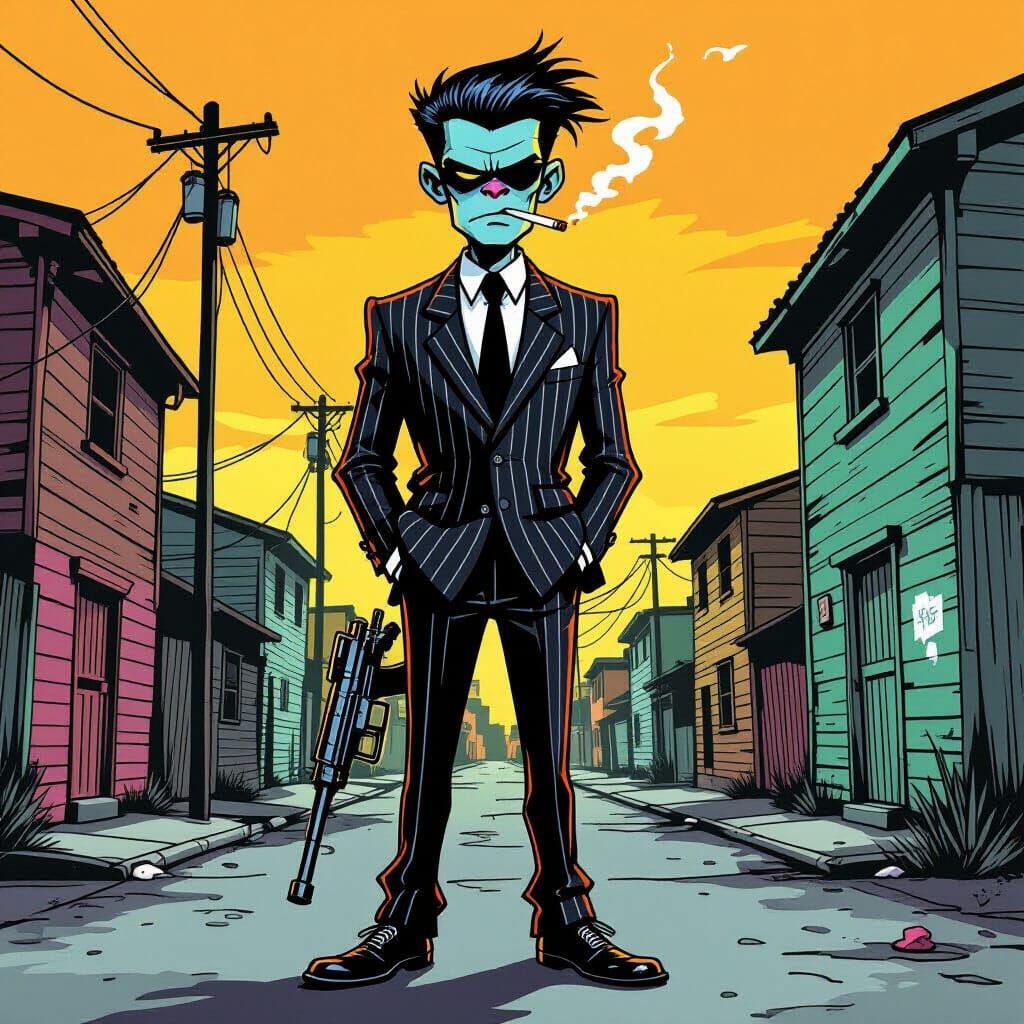 Slum Dweller in Pinstripe Suit with Tommy Gun, Gorillaz Styl...