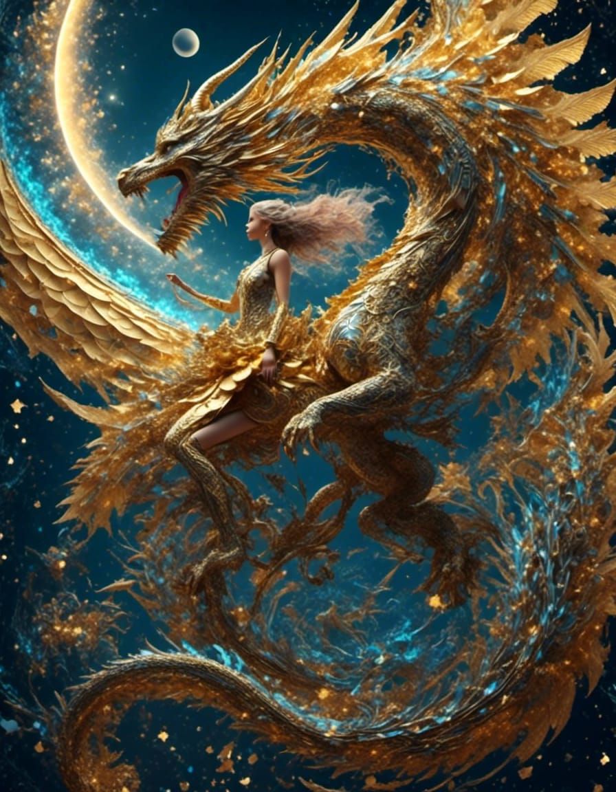 Girl DJ on Dragon Under Fireworks Sky