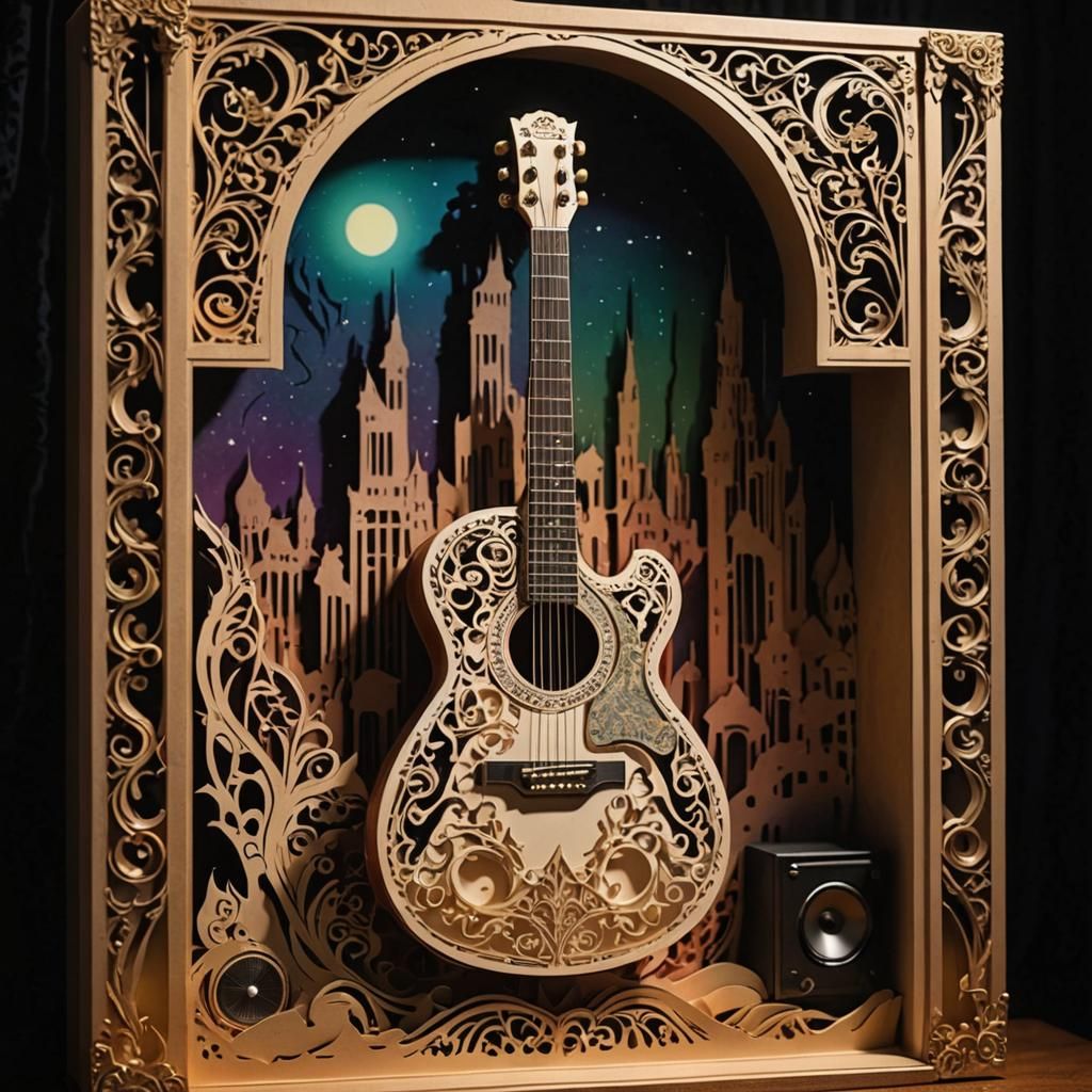 Ornate Guitar Shadowbox in Layered Collage Style