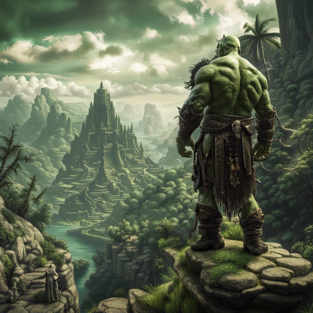 Orc Overlooks Magical Paradise in Hyperrealistic Style
