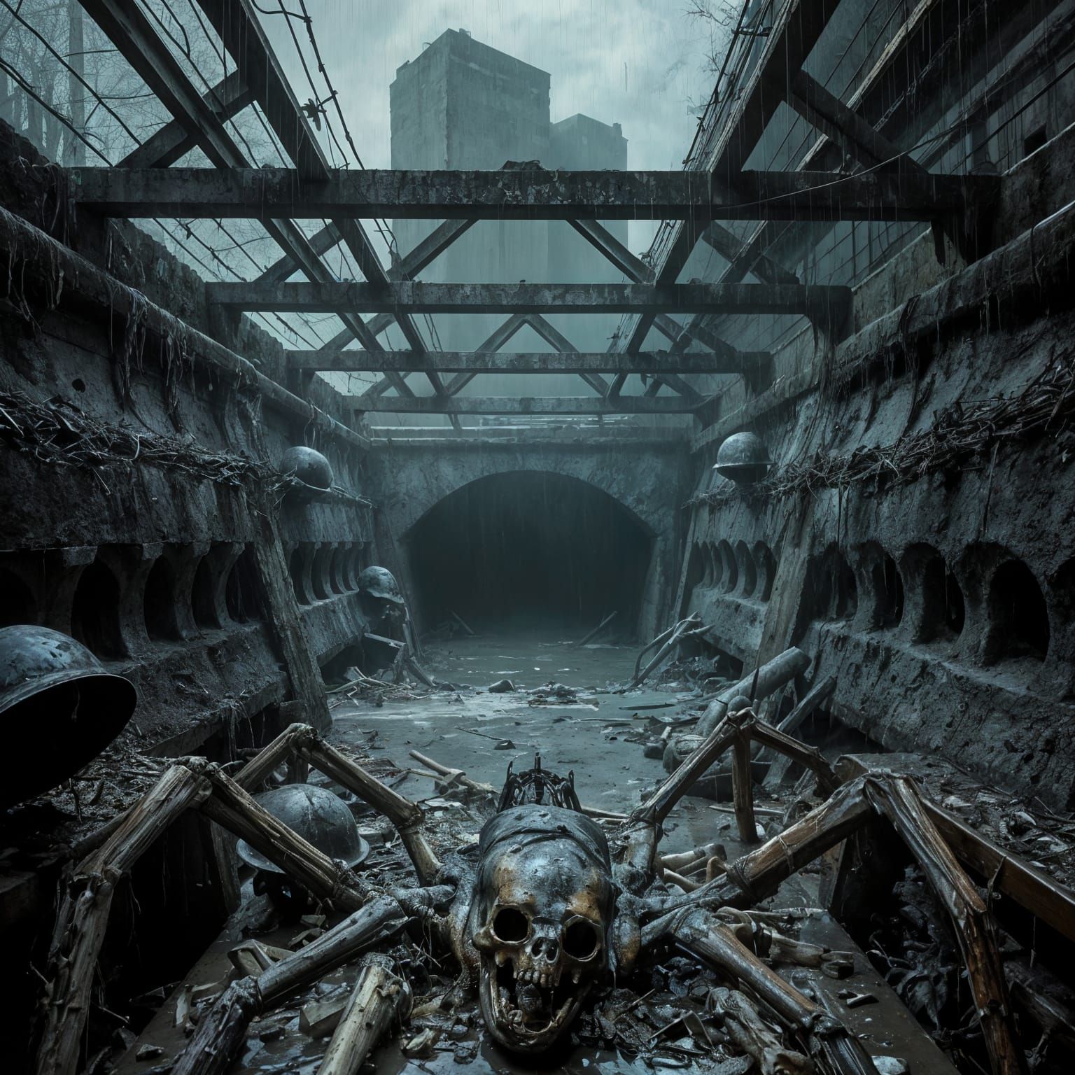 Abandoned War Trenches in a Dark, Surreal Landscape