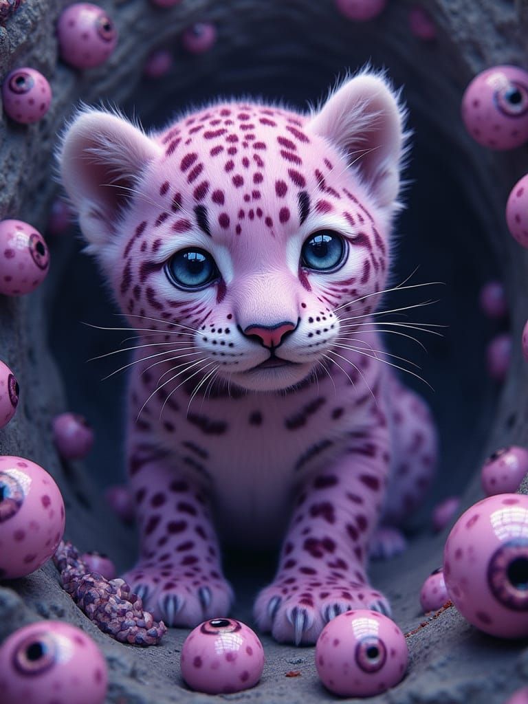 Lifelike Jaguar Cub with Glowing Purple Coat and Eyeball Spo...
