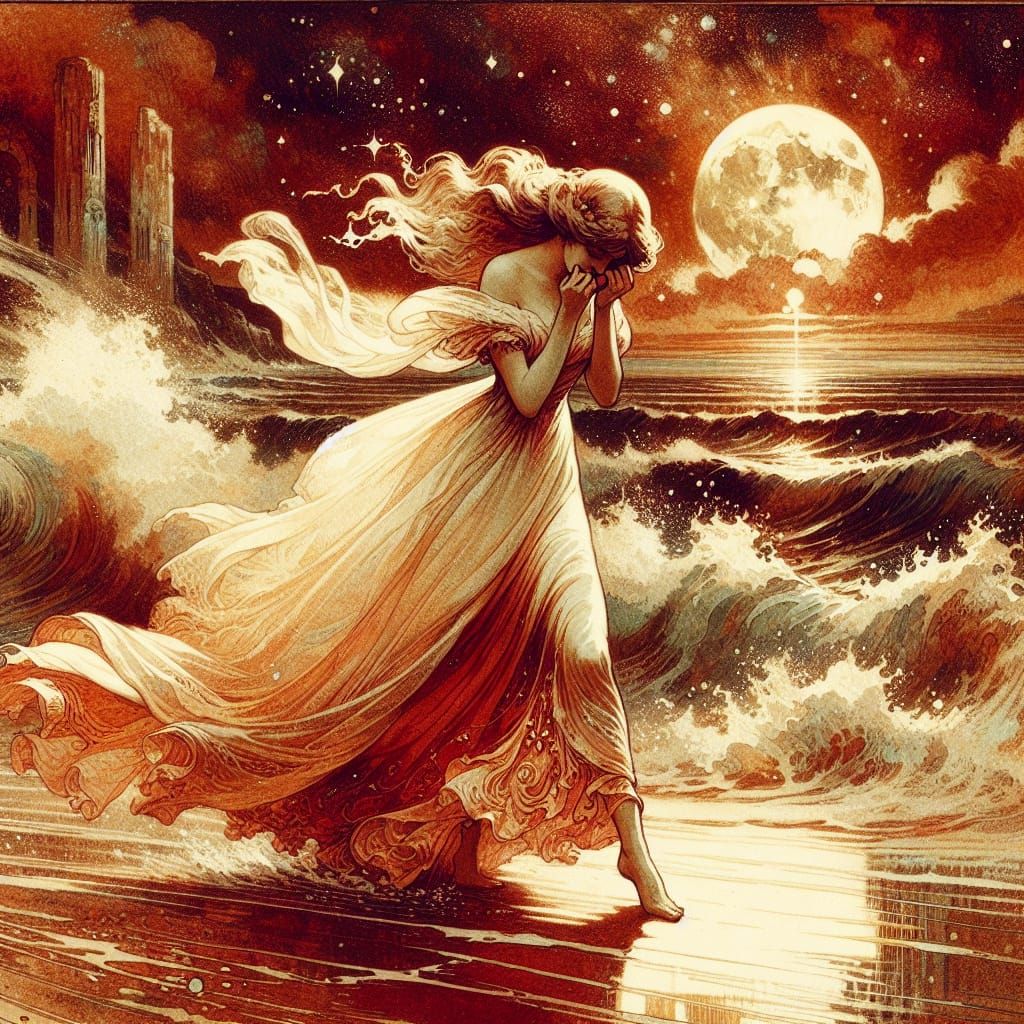 Crying Woman on Beach in Romantic Style