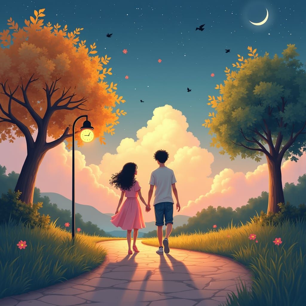 Couple's Dawn Stroll Under Streetlamp: Digital Art