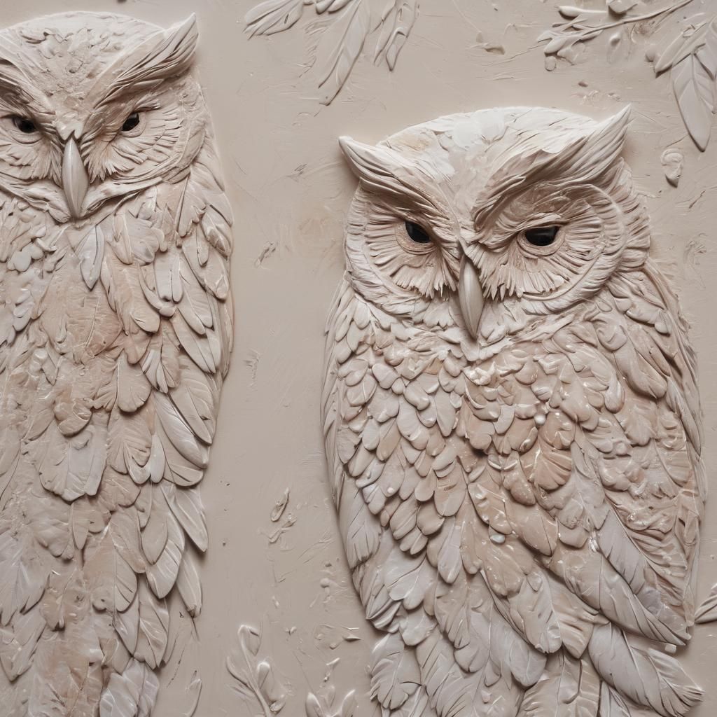 Floral Owls Feathers in Impasto Style