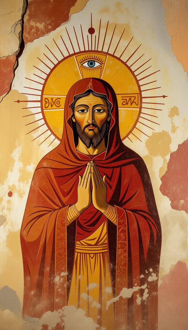 Ancient Cave Art: Praying Figure with All-Seeing Eye Halo