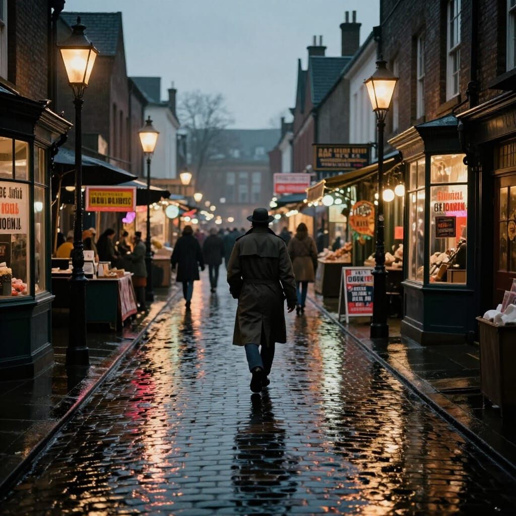 Victorian Street Market at Dusk: Cinematic Noir Scene